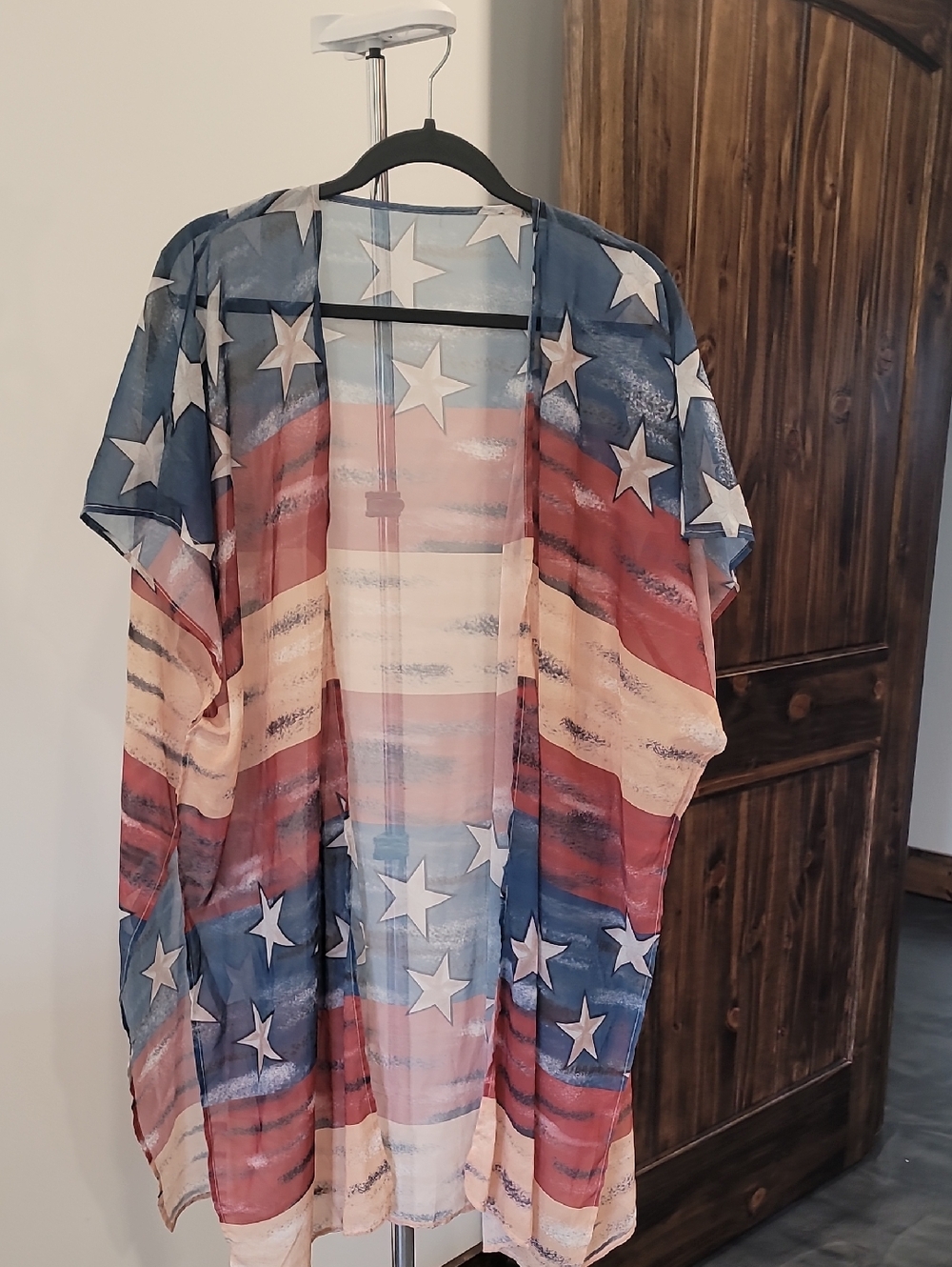 SHEIN Sheer American Flag Star Stripe Kimono - Red, Blue, White
